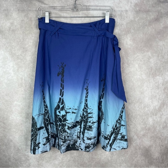 Odille x Anthropologie Archive Giraffe Print Midi Skirt W/Tie In Blue Size 2 - Picture 1 of 8